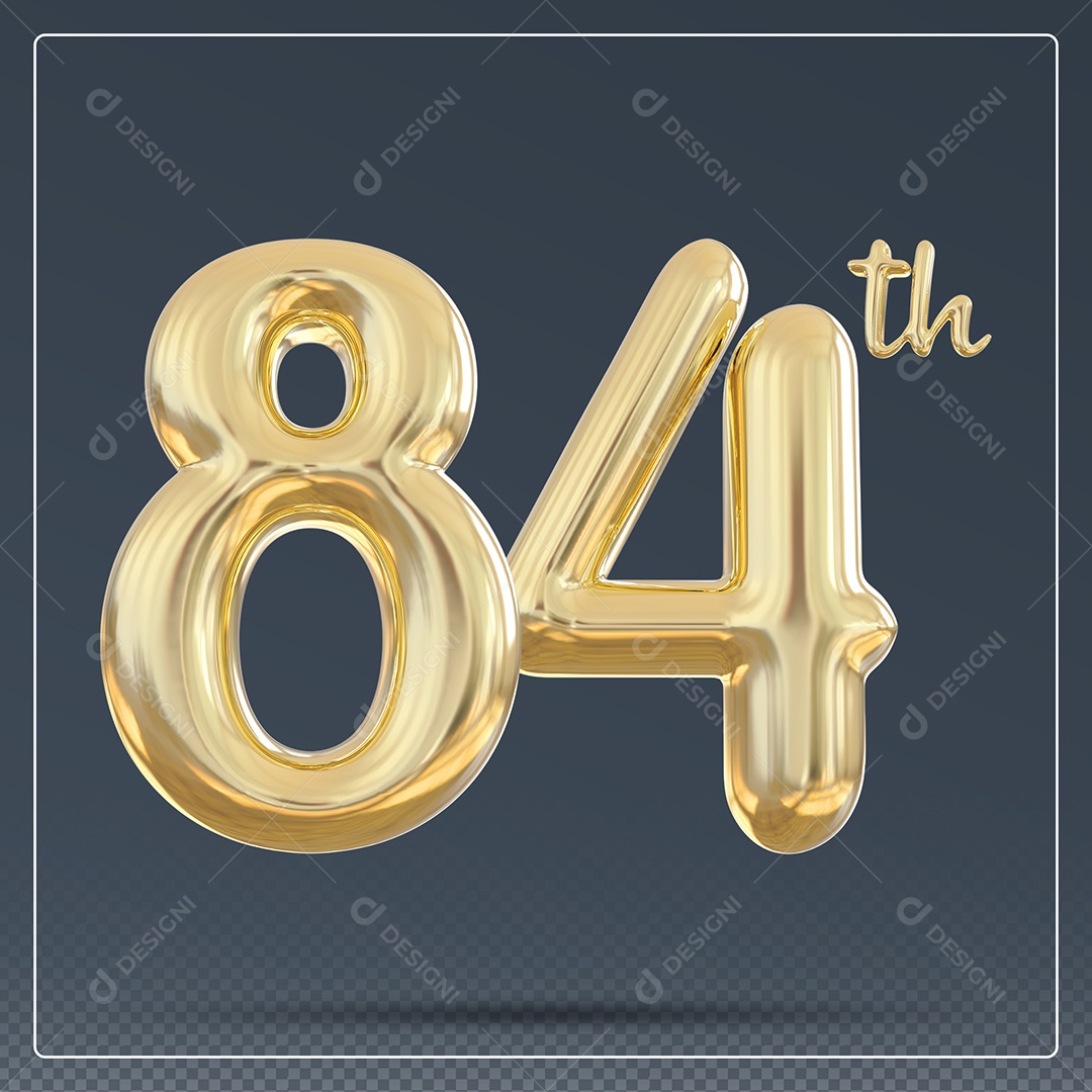 Elemento 3D Número 84 Th Dourado para Composição PSD