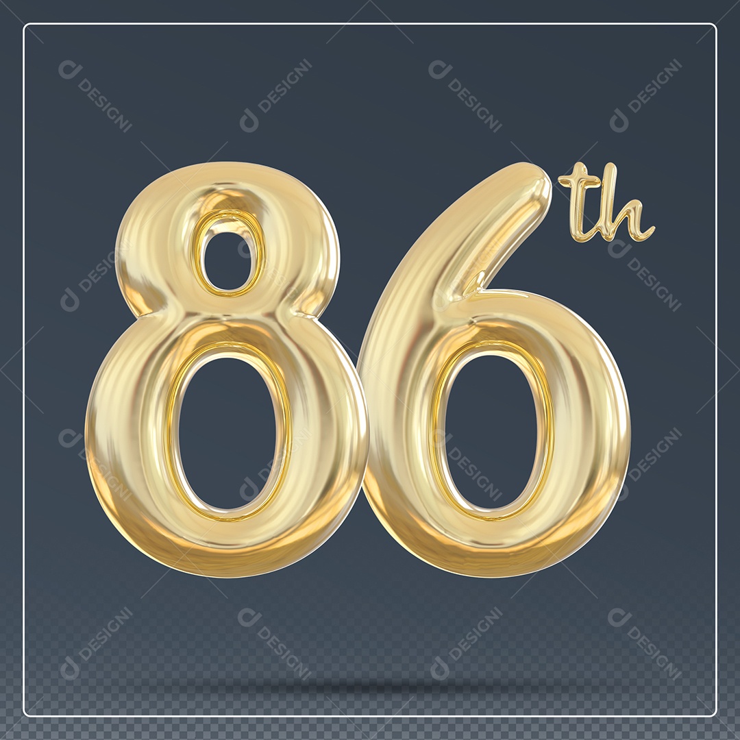 Elemento 3D Número 86 Th Dourado para Composição PSD