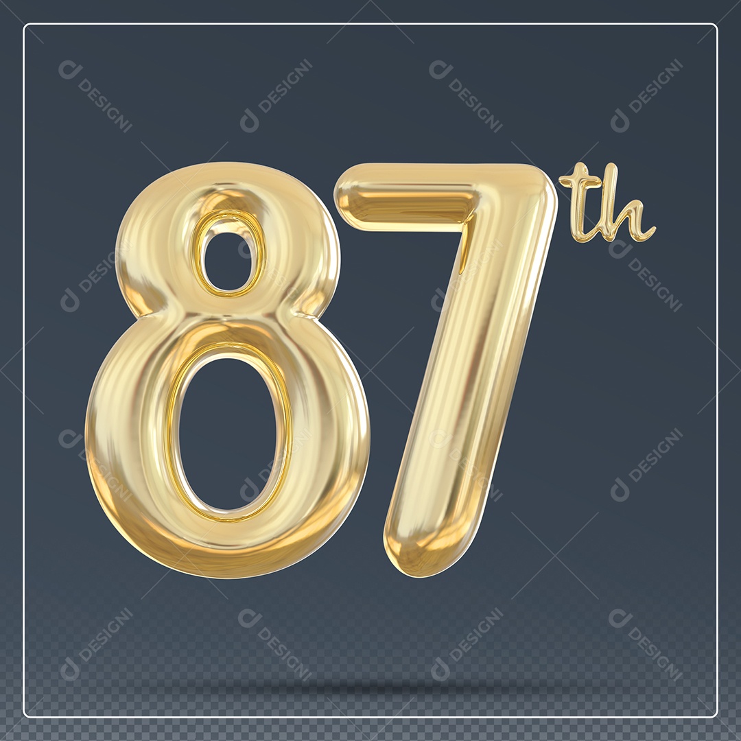 Elemento 3D Número 87 Th Dourado para Composição PSD