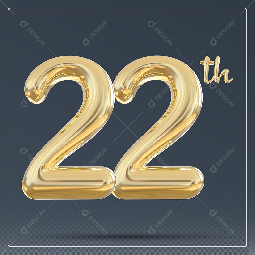 Elemento 3D Número 22 Th Dourado para Composição PSD