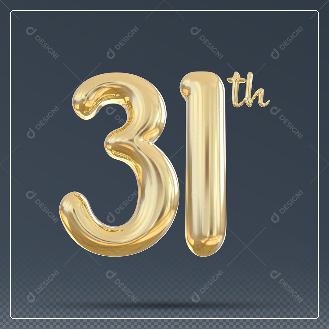 Elemento 3D Número 31 Th Dourado para Composição PSD