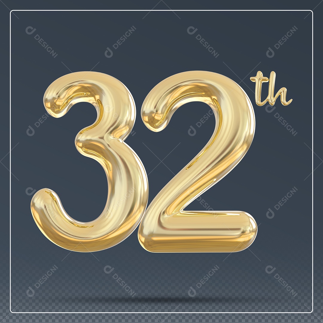 Elemento 3D Número 32 Th Dourado para Composição PSD