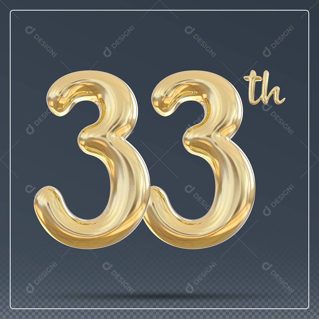 Elemento 3D Número 33 Th Dourado para Composição PSD