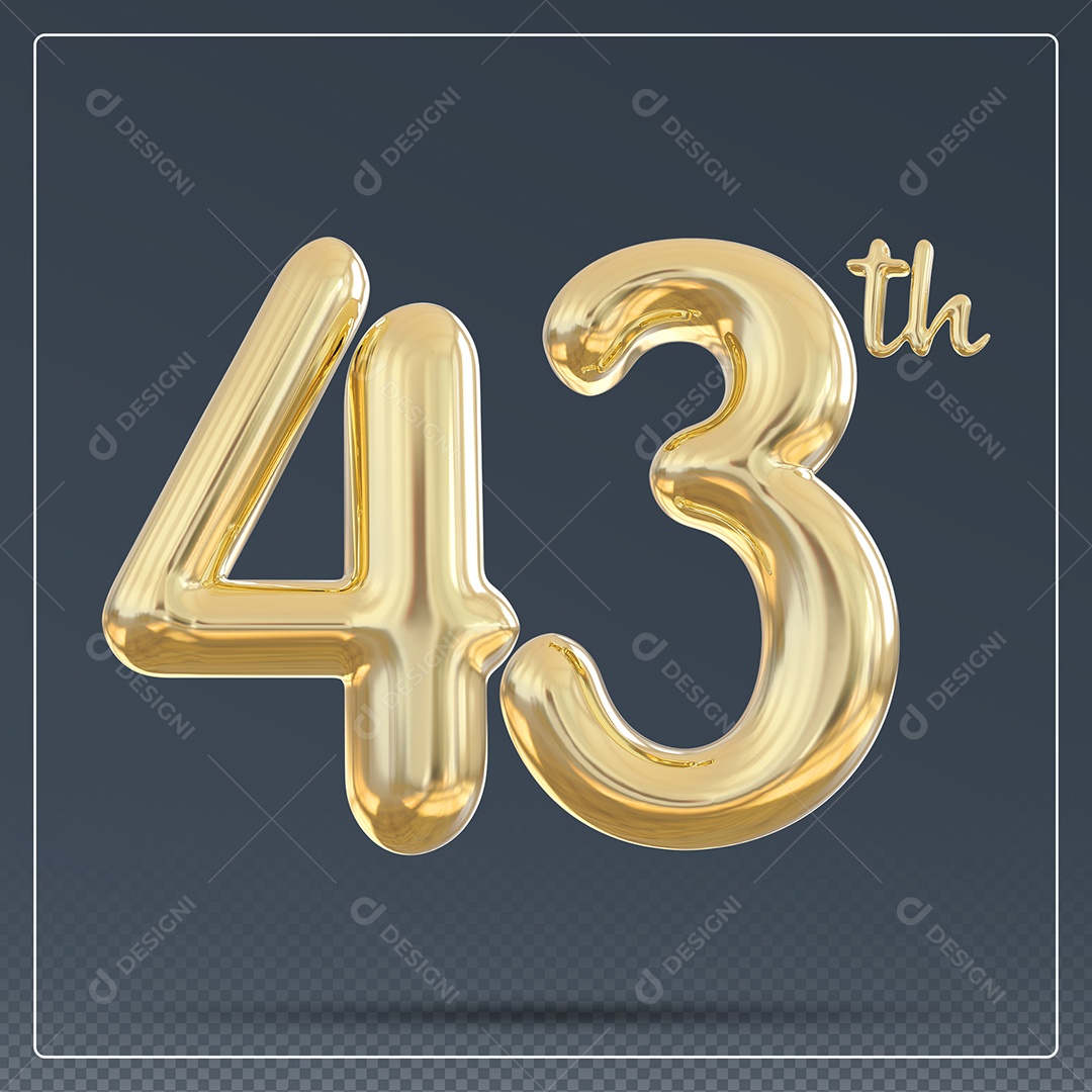 Elemento 3D Número 43 Th Dourado para Composição PSD