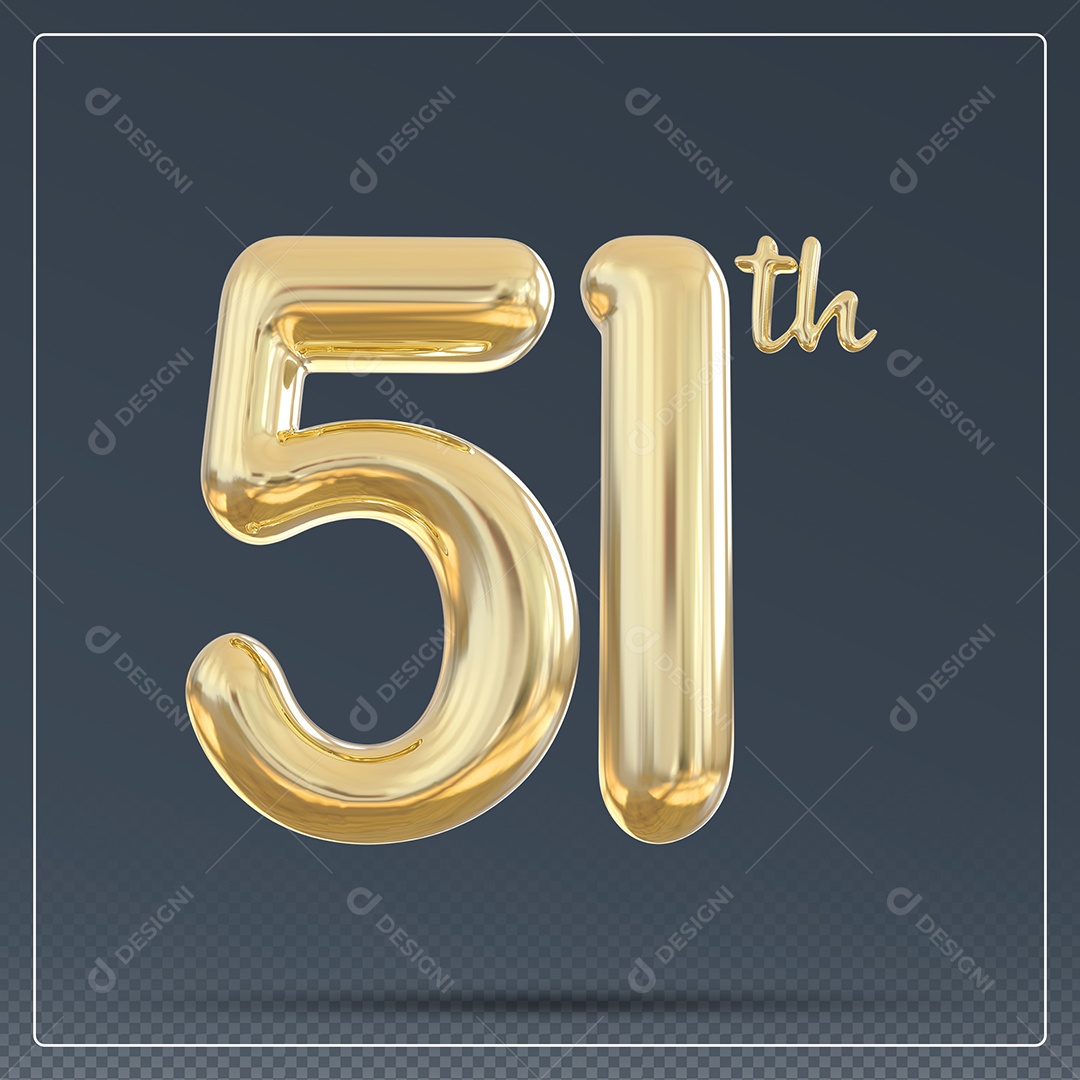Elemento 3D Número 51 Th Dourado para Composição PSD