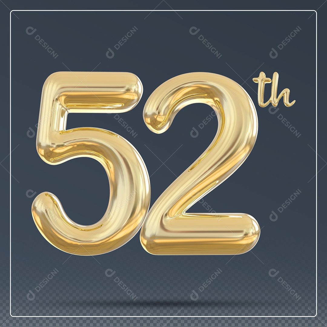 Elemento 3D Número 52 Th Dourado para Composição PSD