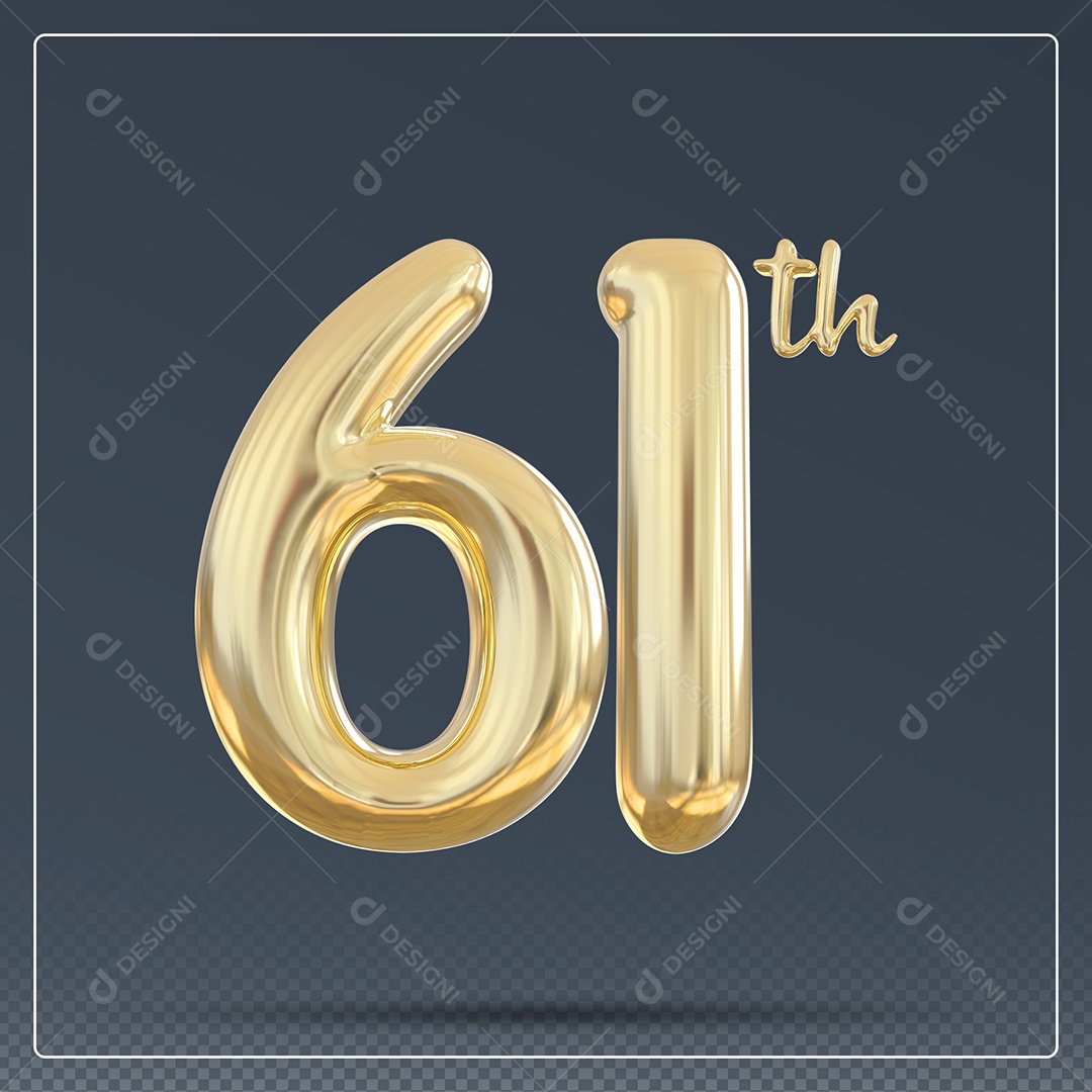 Elemento 3D Número 61 Th Dourado para Composição PSD