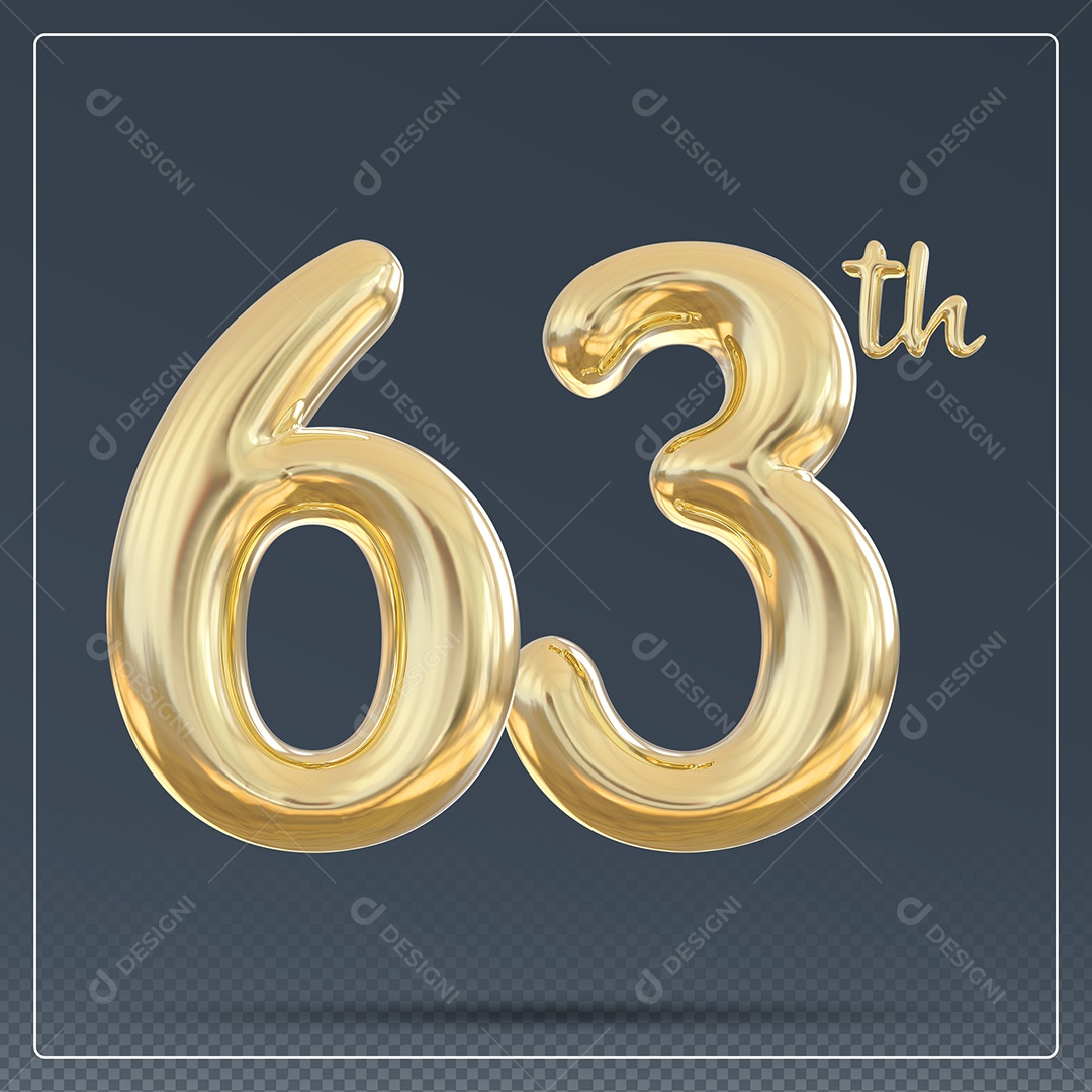 Elemento 3D Número 63 Th Dourado para Composição PSD