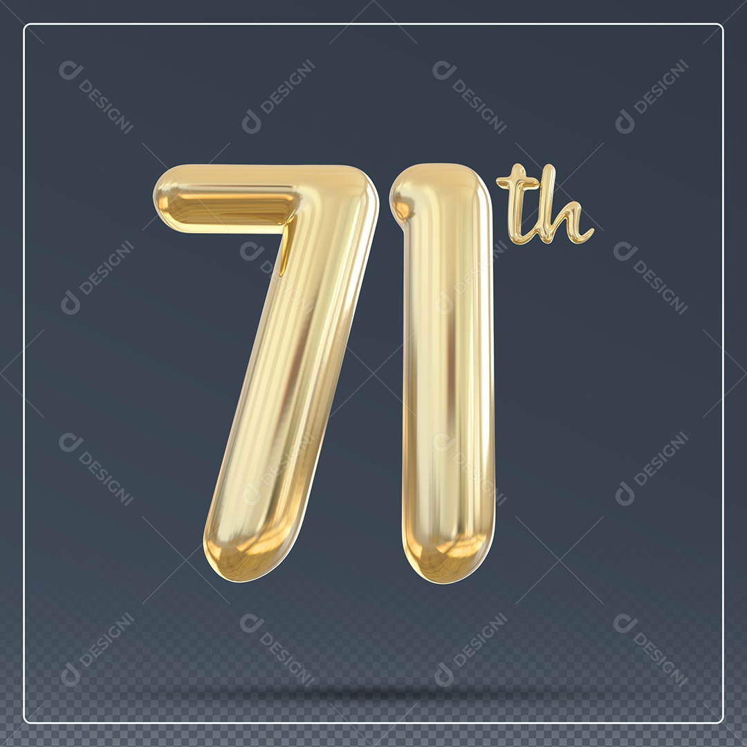 Elemento 3D Número 71 Th Dourado para Composição PSD