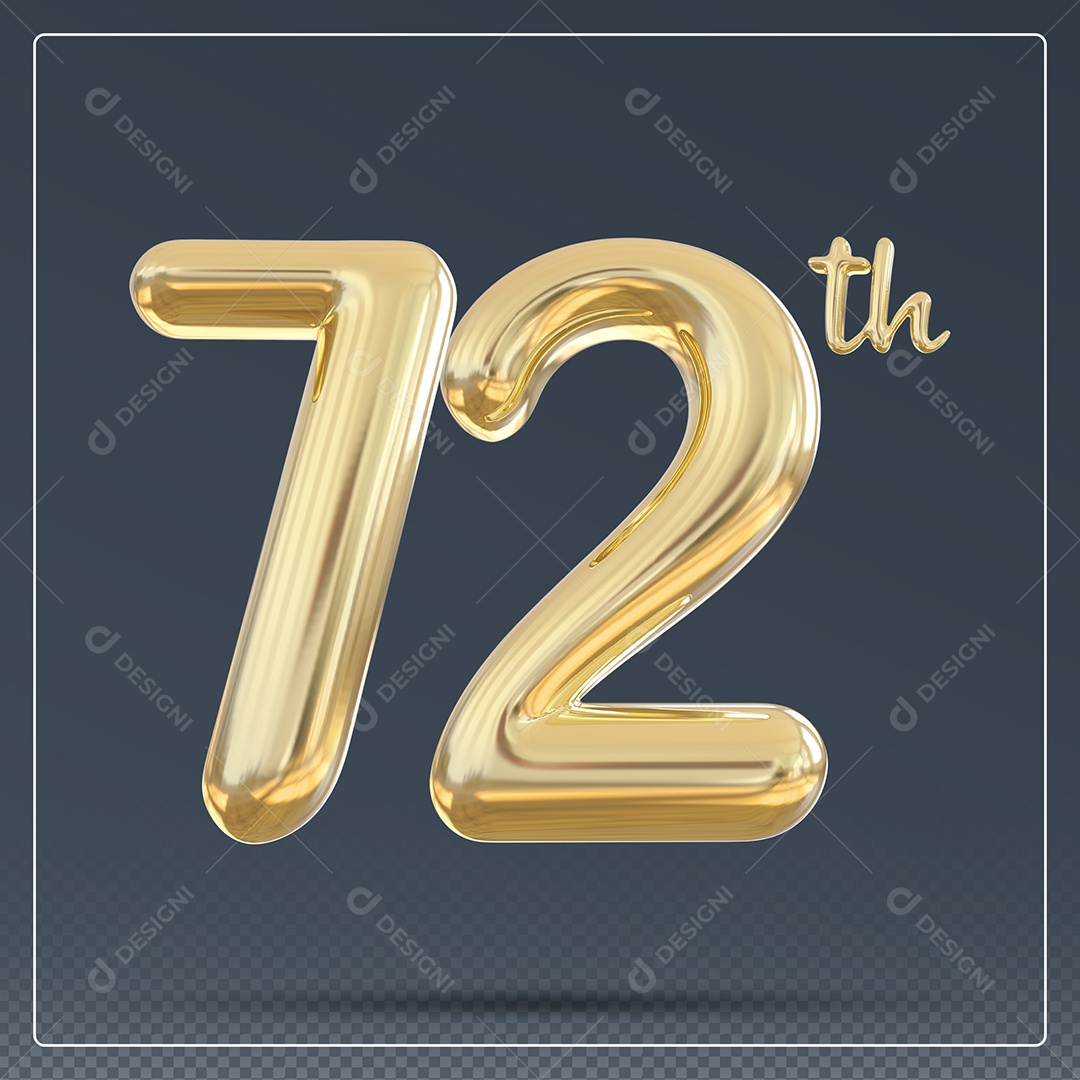 Elemento 3D Número 72 Th Dourado para Composição PSD