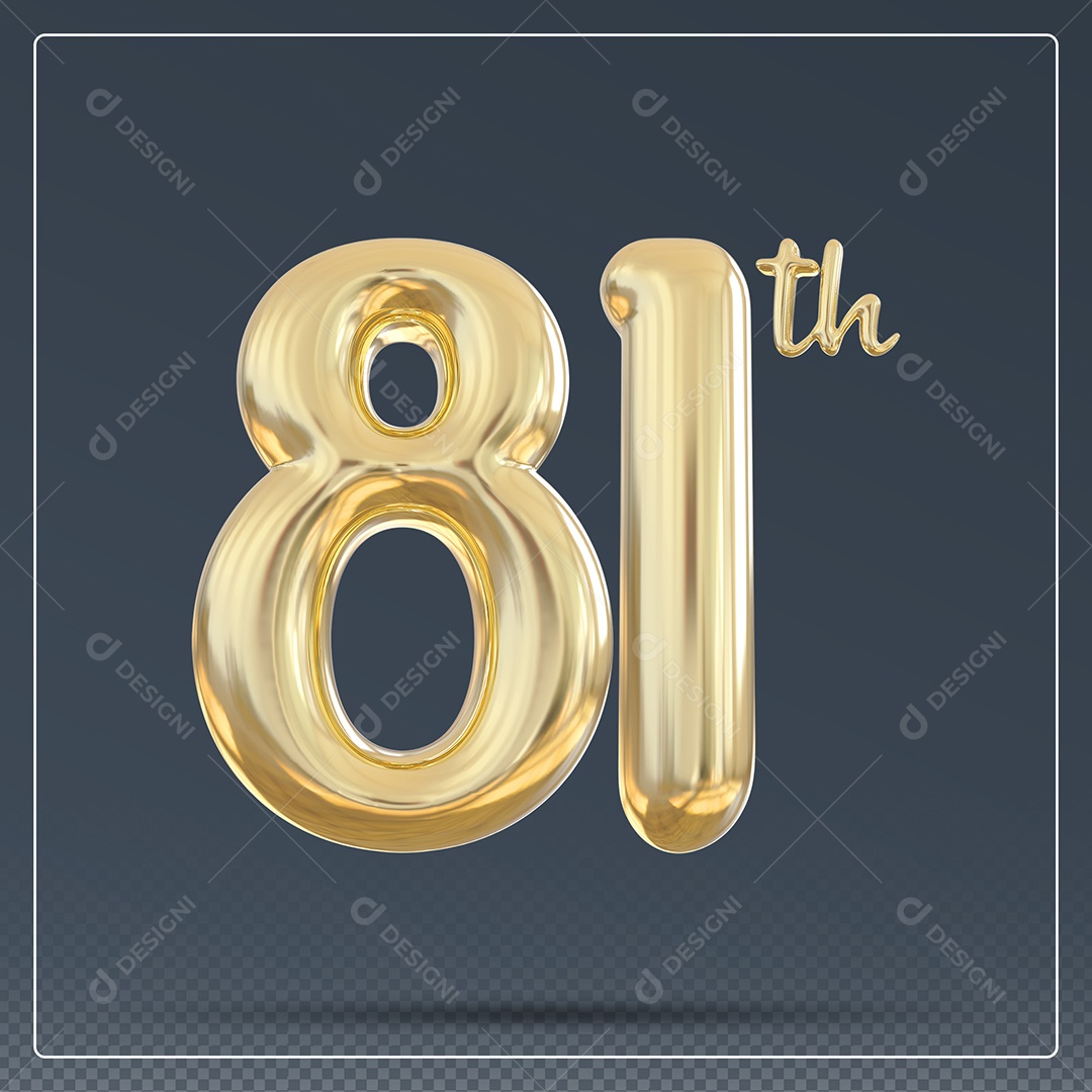 Elemento 3D Número 81 Th Dourado para Composição PSD