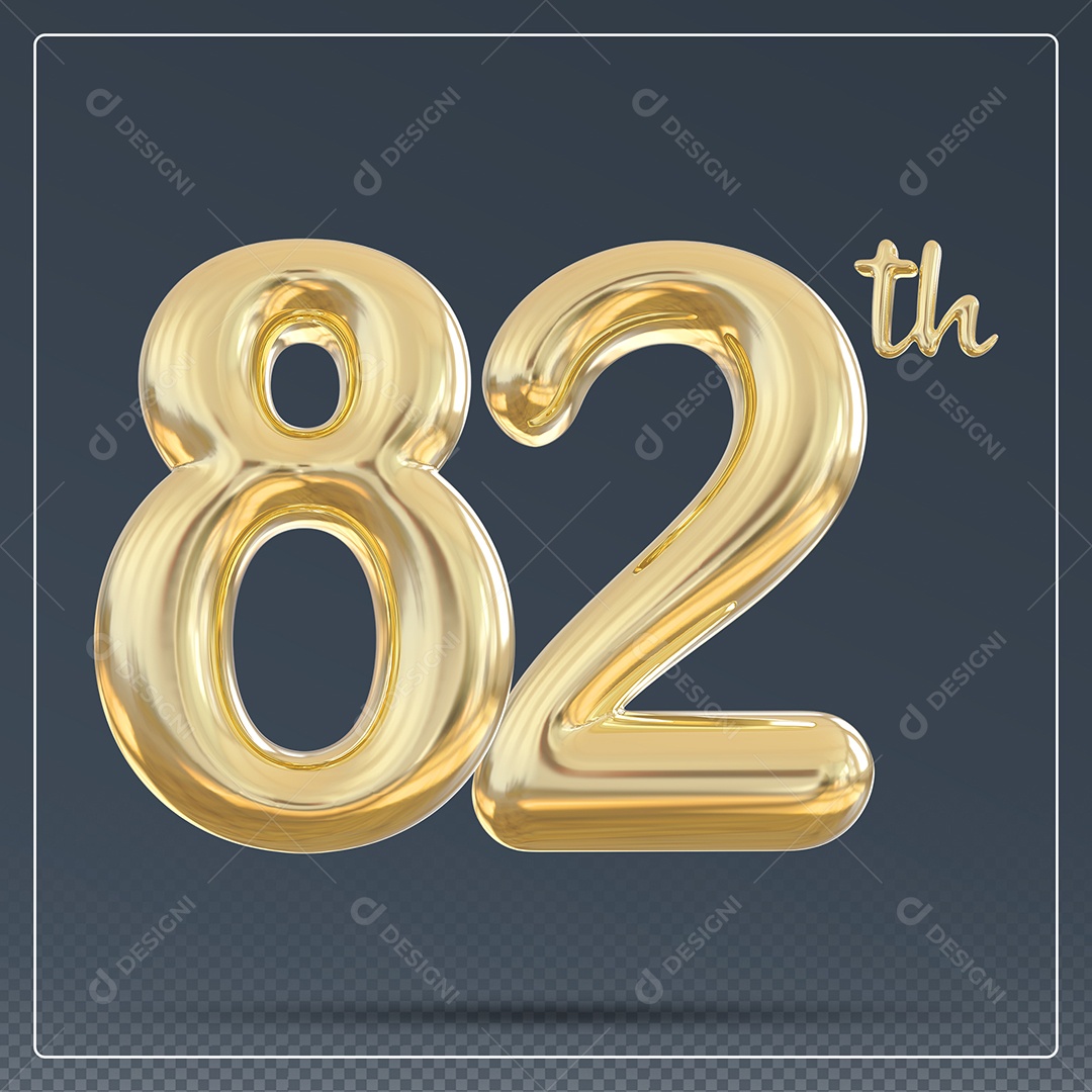 Elemento 3D Número 82 Th Dourado para Composição PSD