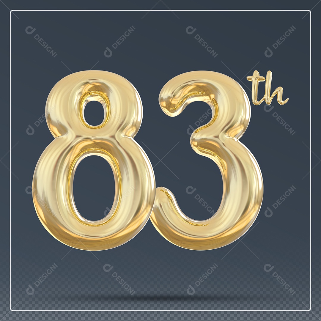 Elemento 3D Número 83 Th Dourado para Composição PSD