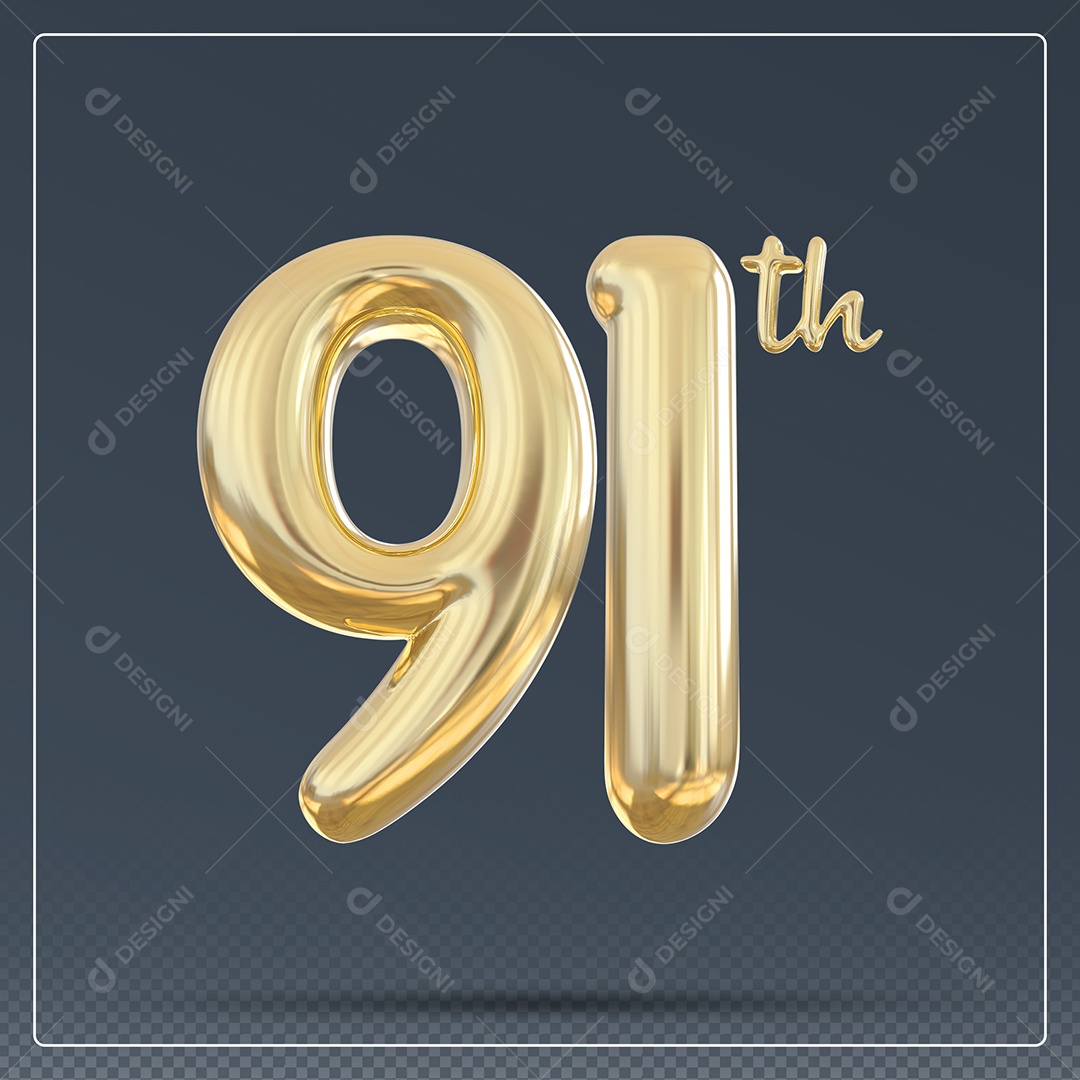 Elemento 3D Número 91 Th Dourado para Composição PSD