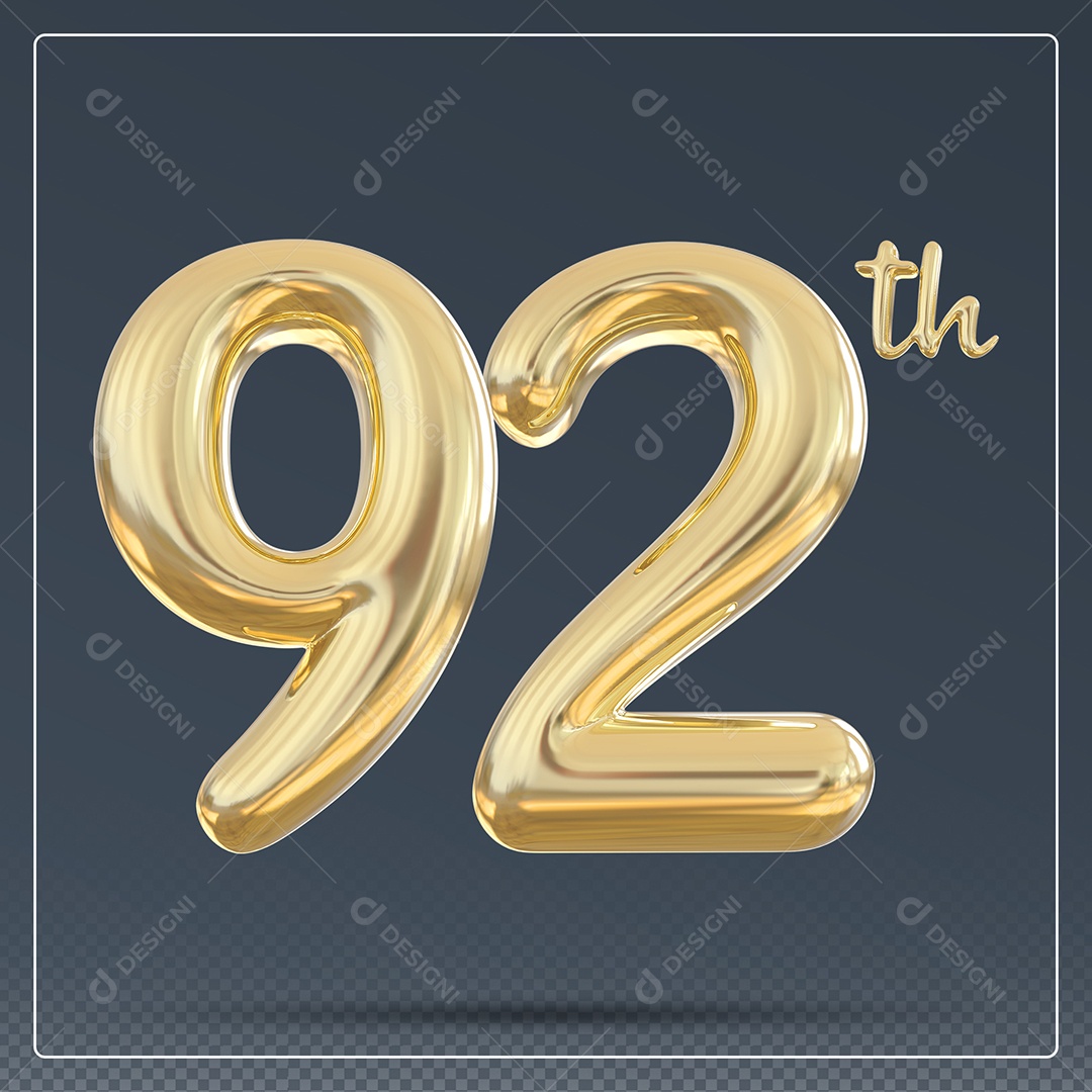 Elemento 3D Número 92 Th Dourado para Composição PSD