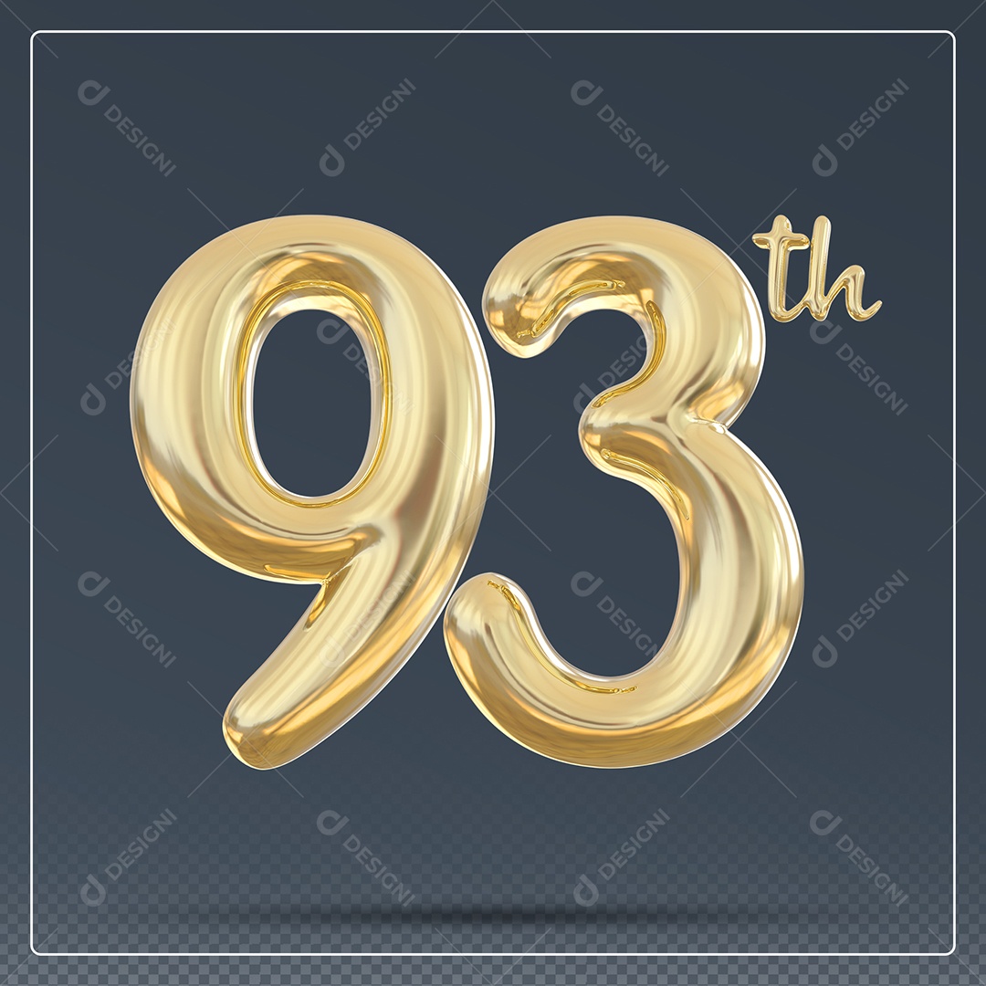 Elemento 3D Número 93 Th Dourado para Composição PSD