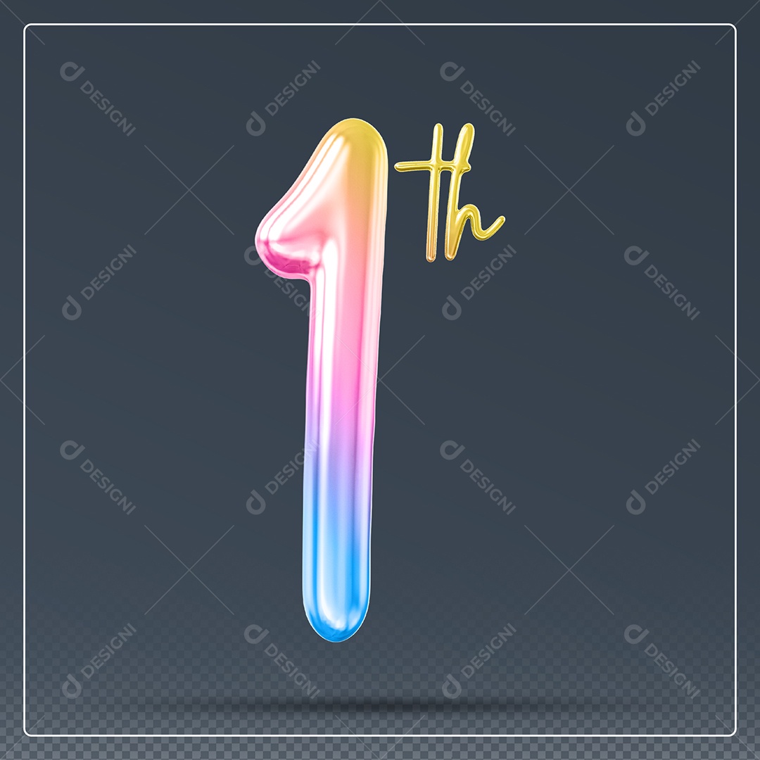 Elemento 3D Número 1 Th Colorido para Composição PSD