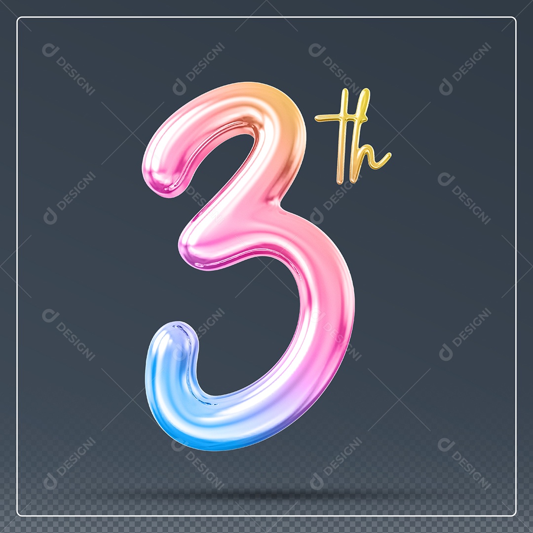 Elemento 3D Número 3 Th Colorido para Composição PSD