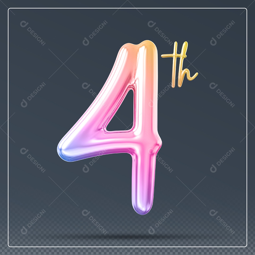 Elemento 3D Número 4 Th Colorido para Composição PSD