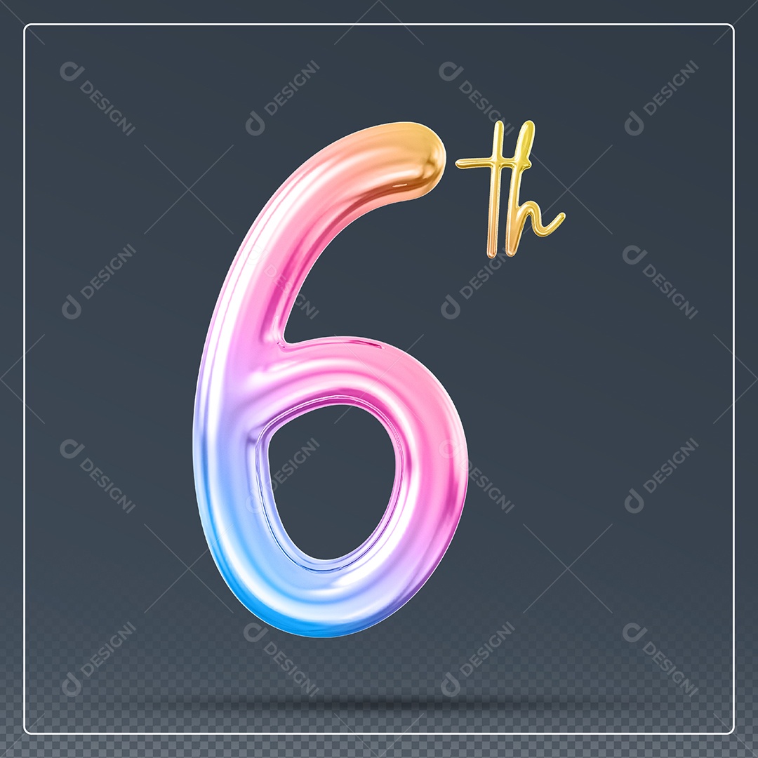 Elemento 3D Número 6 Th Colorido para Composição PSD