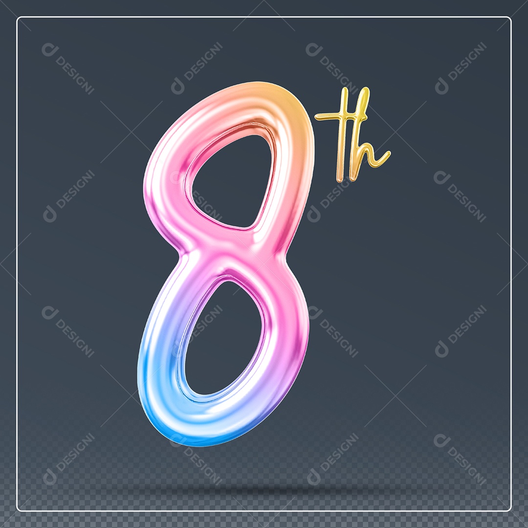 Elemento 3D Número 8 Th Colorido para Composição PSD