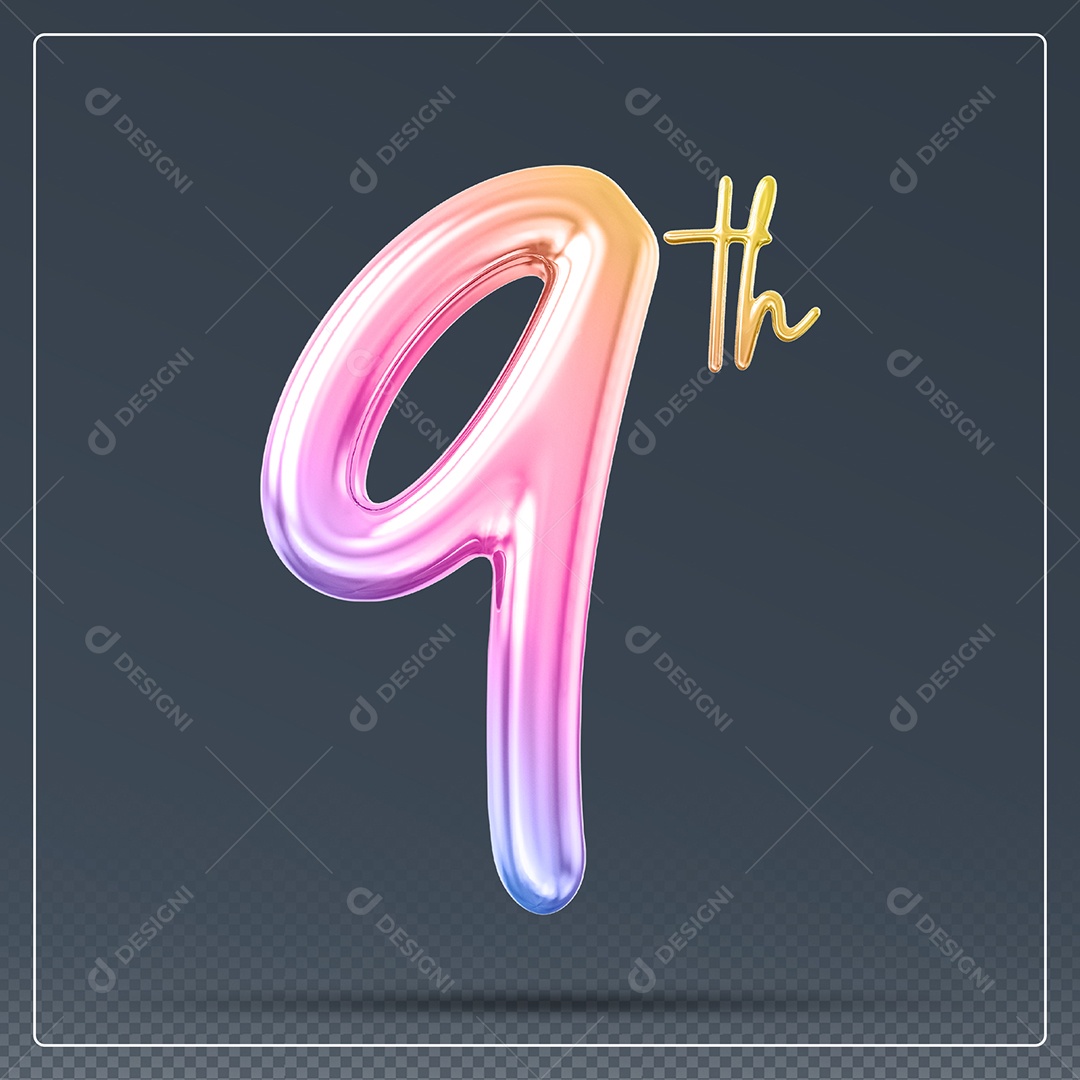 Elemento 3D Número 9 Th Colorido para Composição PSD