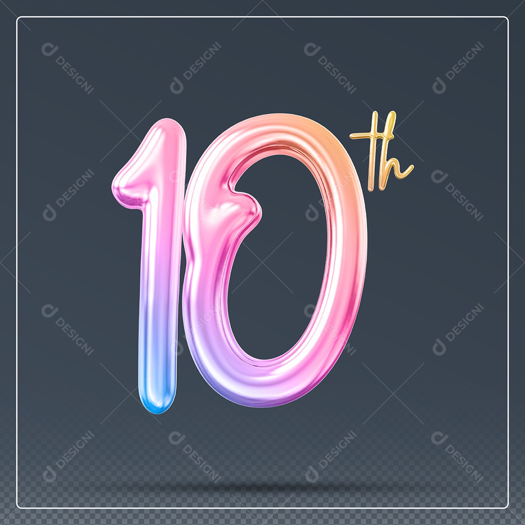 Elemento 3D Número 10 Th Colorido para Composição PSD