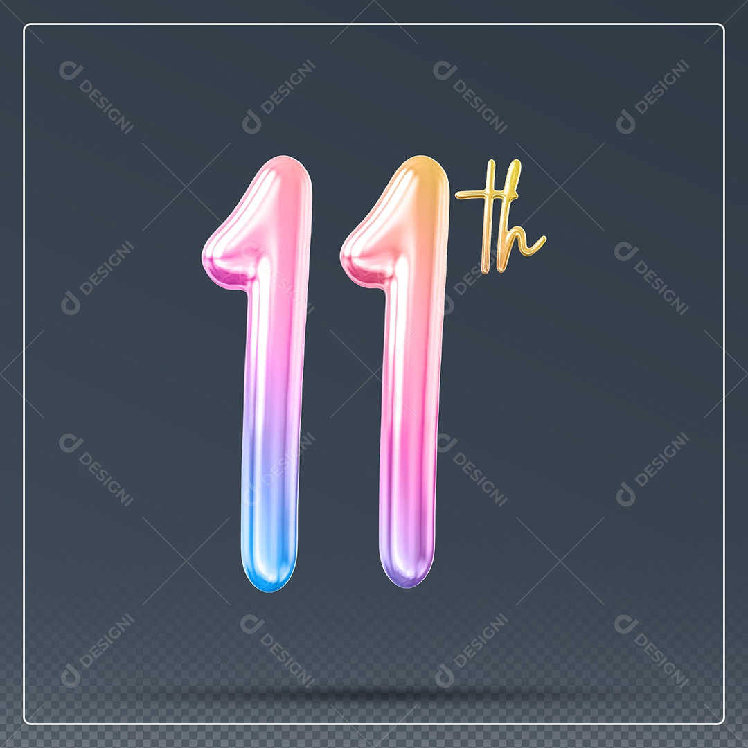 Elemento 3D Número 11 Th Colorido para Composição PSD