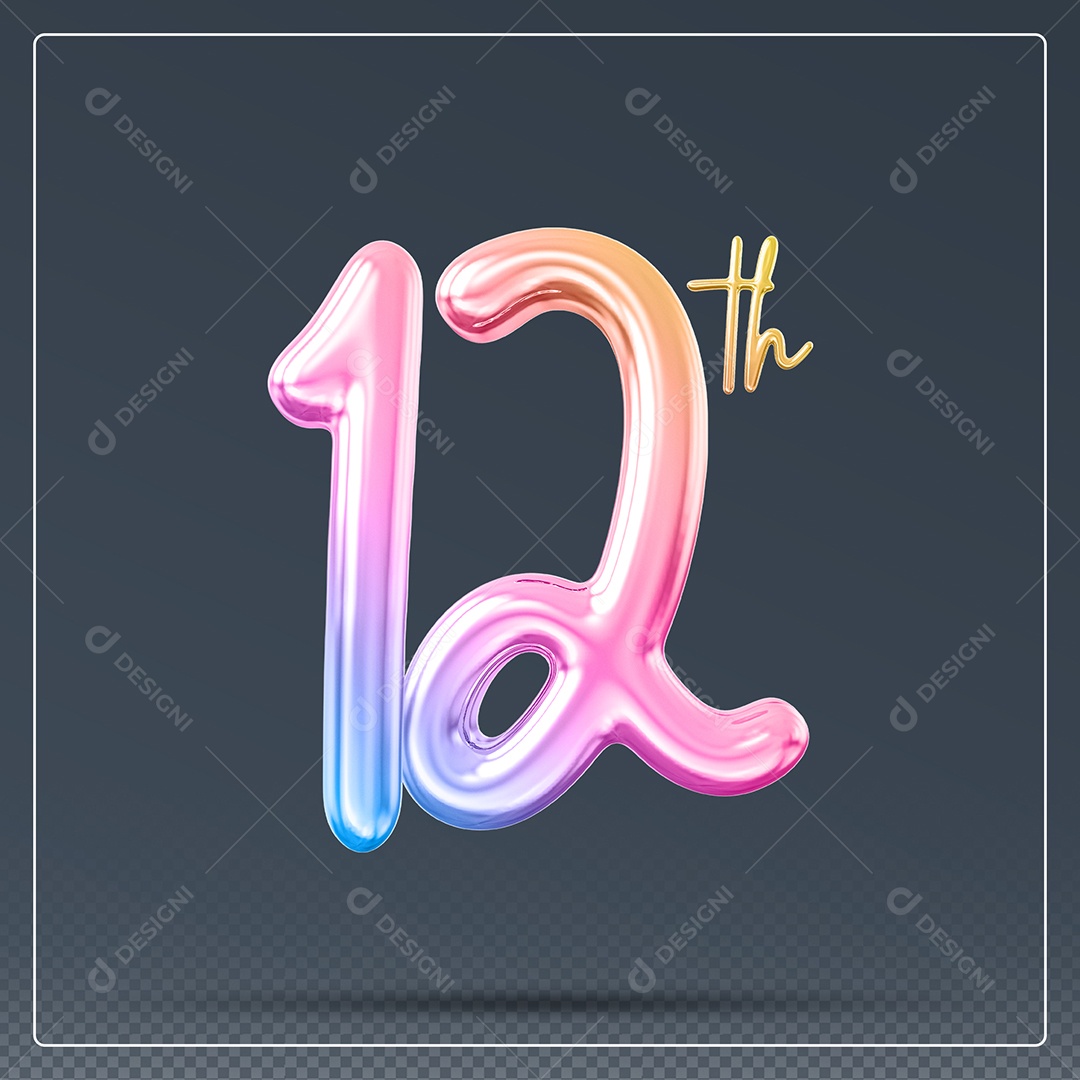 Elemento 3D Número 12 Th Colorido para Composição PSD