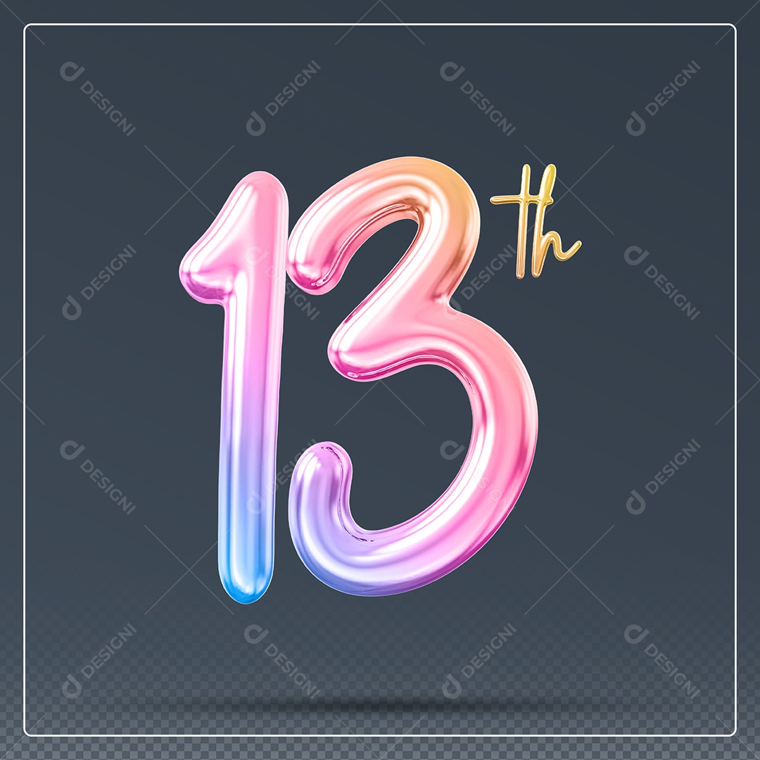 Elemento 3D Número 13 Th Colorido para Composição PSD