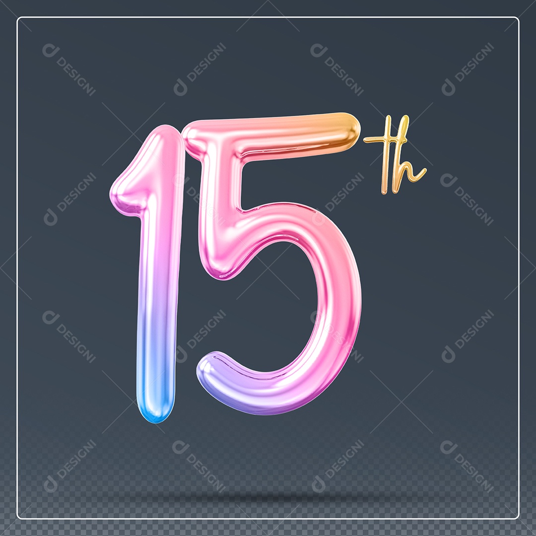 Elemento 3D Número 15 Th Colorido para Composição PSD