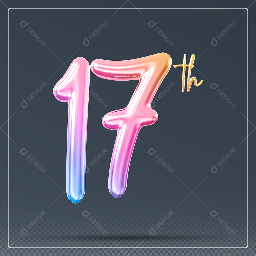 Elemento 3D Número 17 Th Colorido para Composição PSD