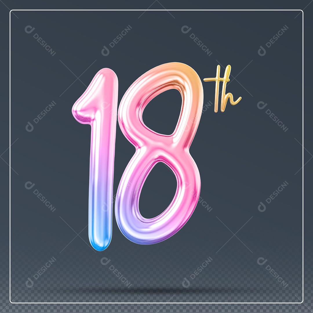 Elemento 3D Número 18 Th Colorido para Composição PSD