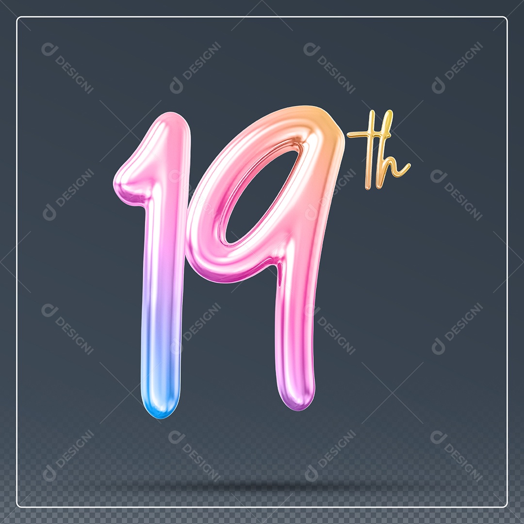 Elemento 3D Número 19 Th Colorido para Composição PSD