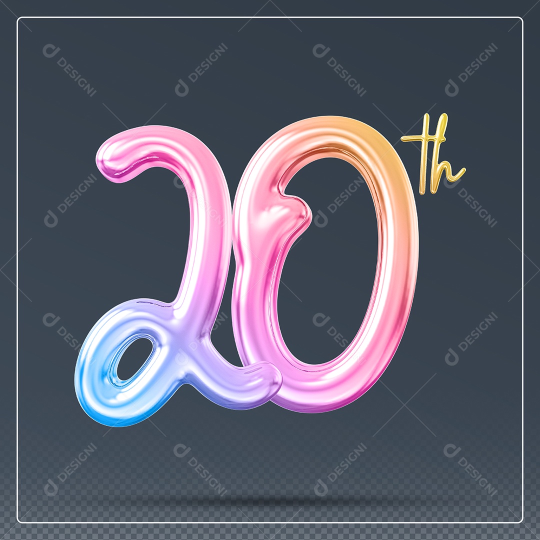Elemento 3D Número 20 Th Colorido para Composição PSD