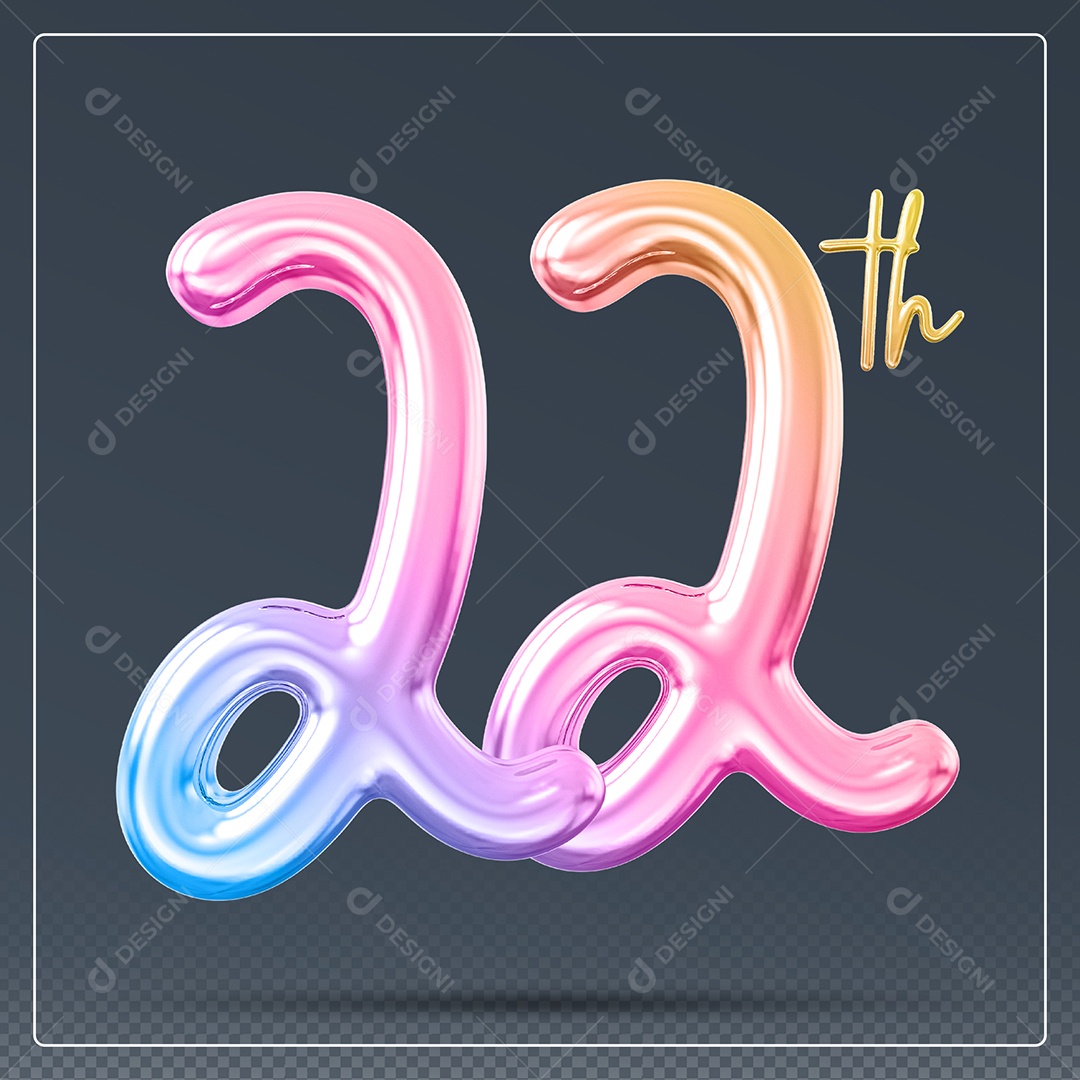 Elemento 3D Número 22 Th Colorido para Composição PSD