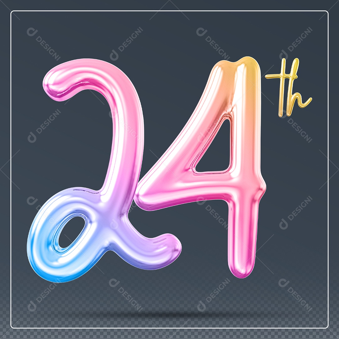 Elemento 3D Número 24 Th Colorido para Composição PSD