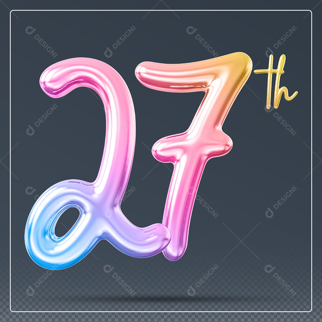Elemento 3D Número 27 Th Colorido para Composição PSD