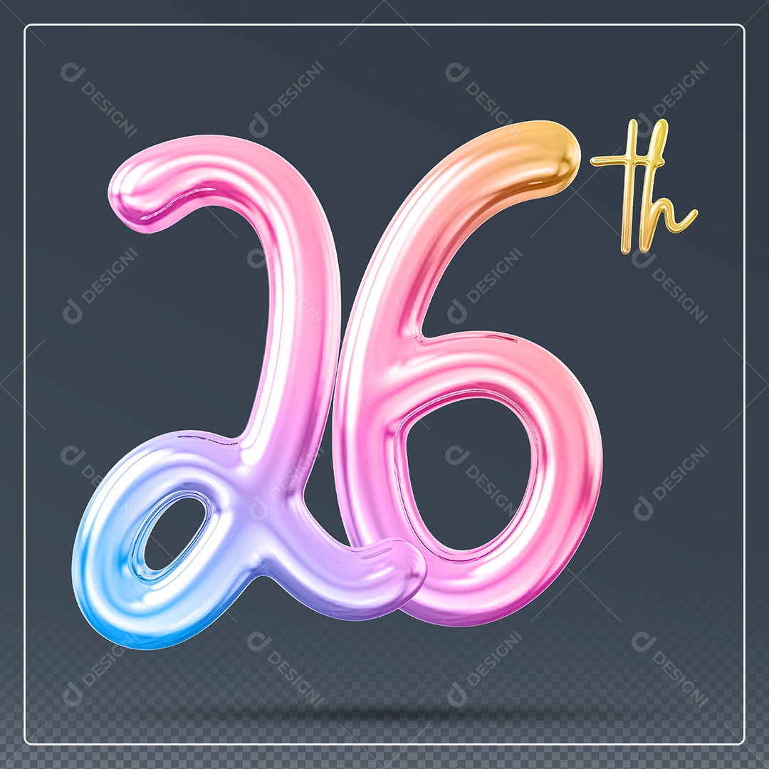 Elemento 3D Número 26 Th Colorido para Composição PSD
