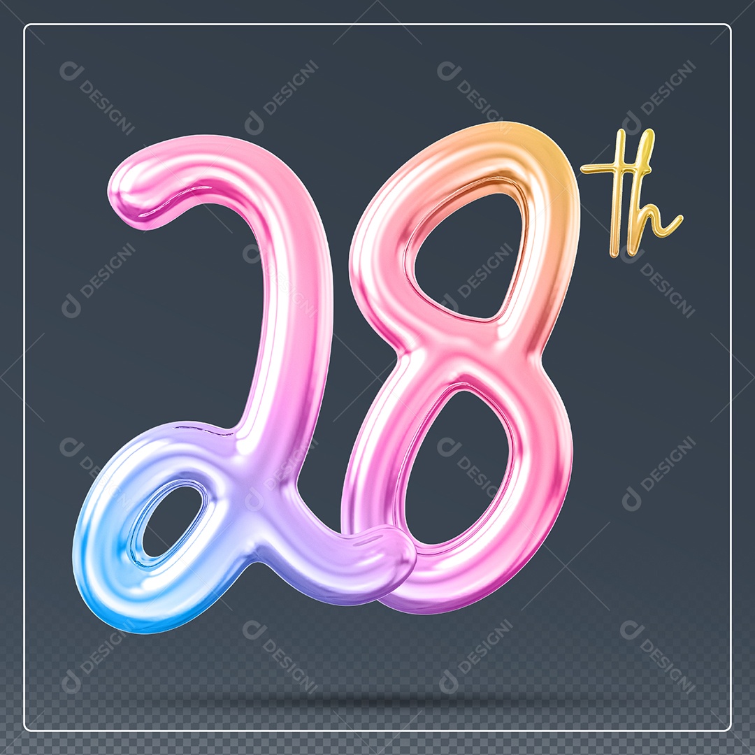 Elemento 3D Número 28 Th Colorido para Composição PSD