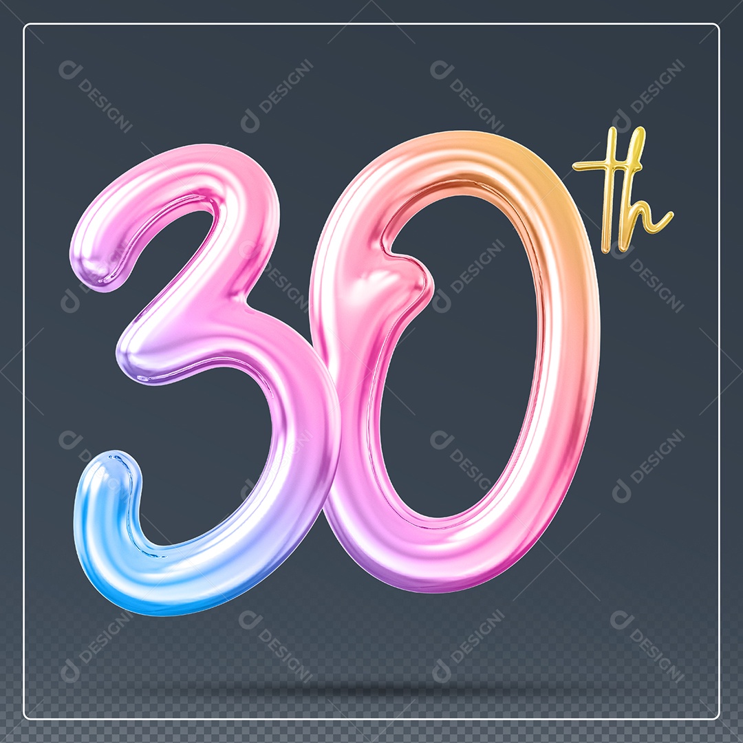 Elemento 3D Número 30 Th Colorido para Composição PSD