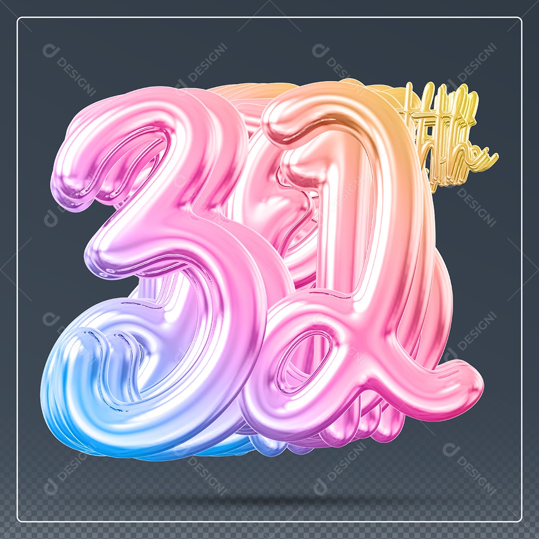 Elemento 3D Número 32 Th Colorido para Composição PSD