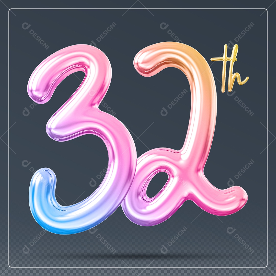 Elemento 3D Número 32 Th Colorido para Composição PSD