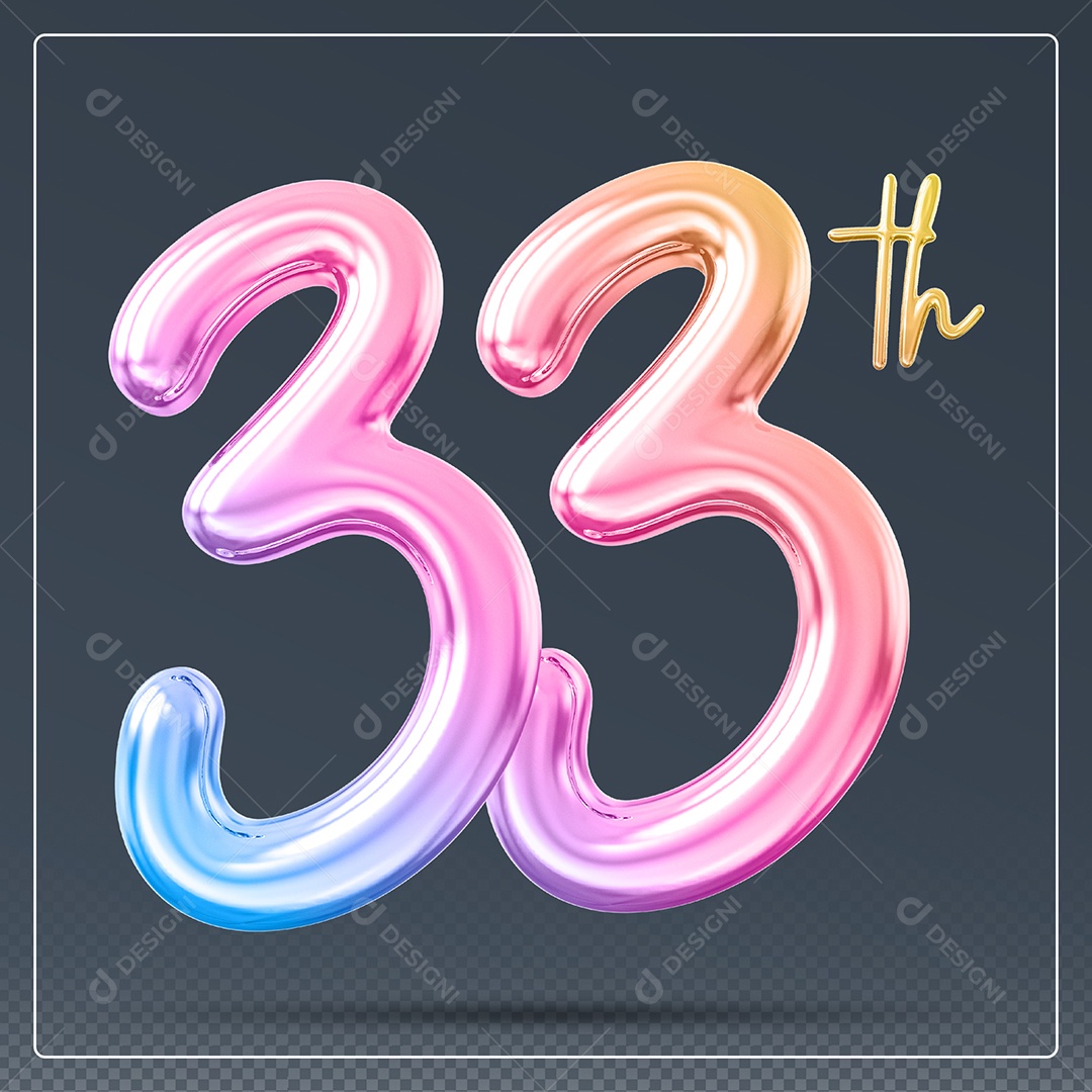 Elemento 3D Número 33 Th Colorido para Composição PSD