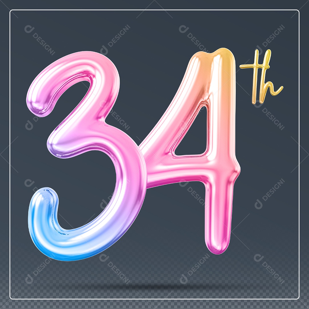 Elemento 3D Número 34 Th Colorido para Composição PSD