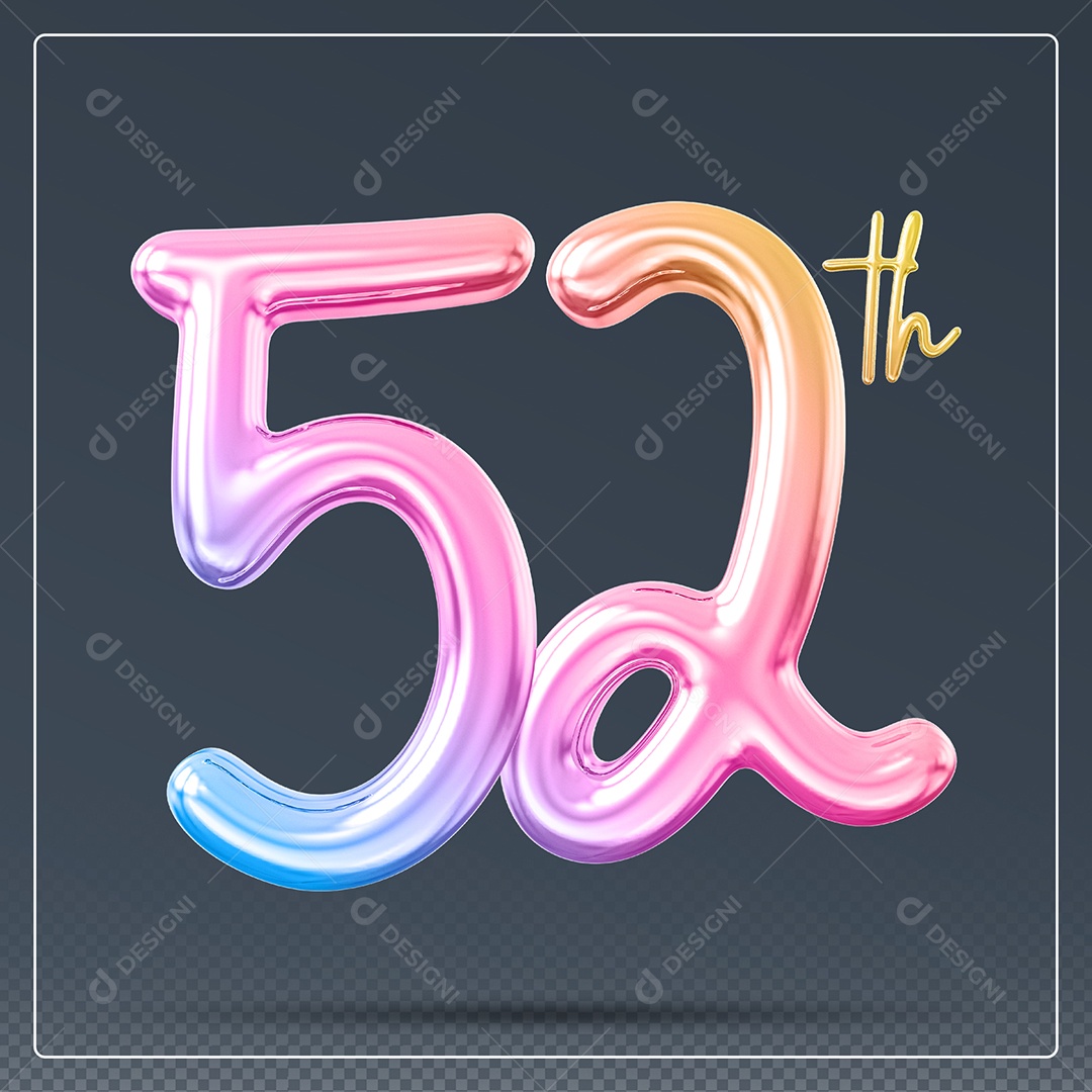 Elemento 3D Número 52 Th Colorido para Composição PSD