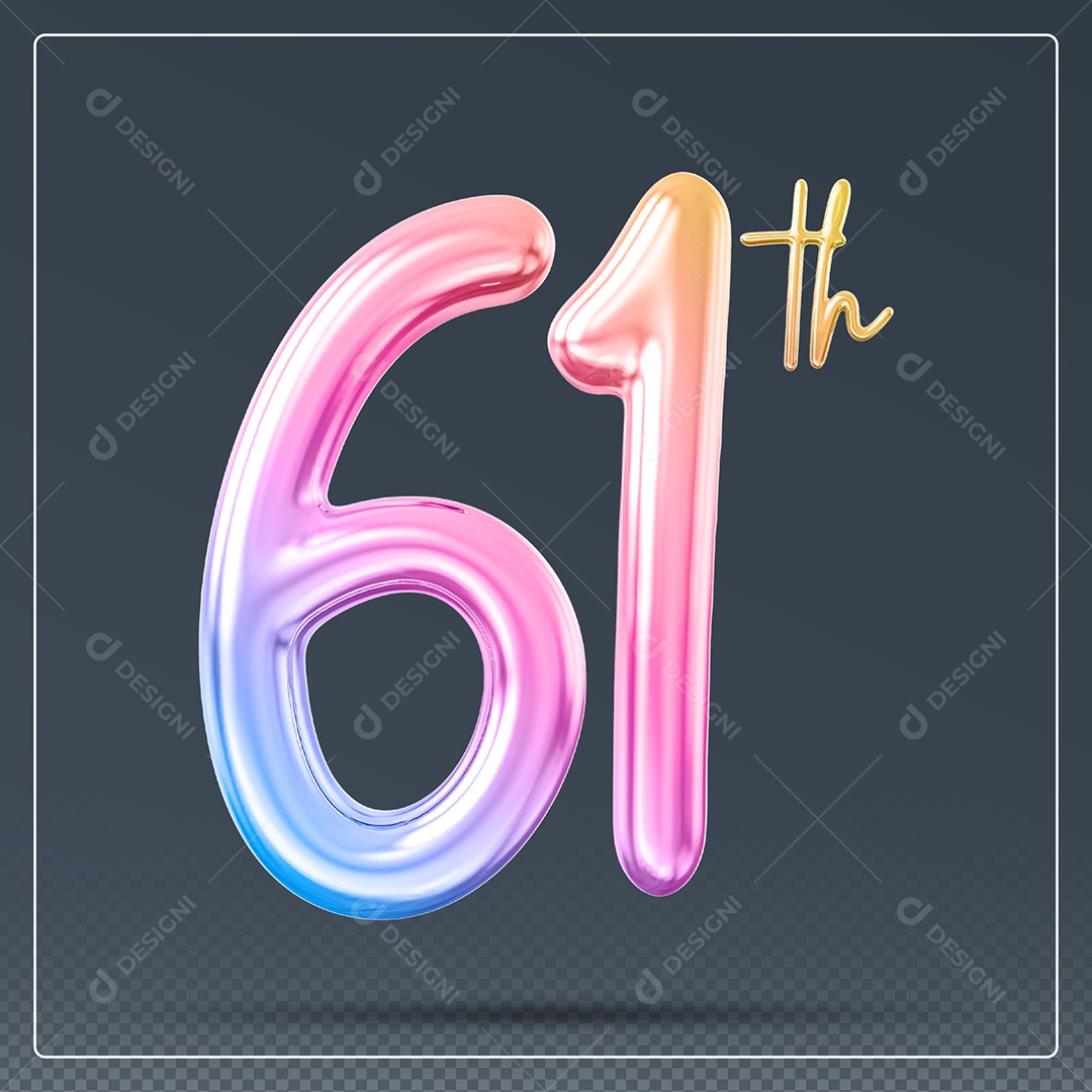 Elemento 3D Número 61 Th Colorido para Composição PSD