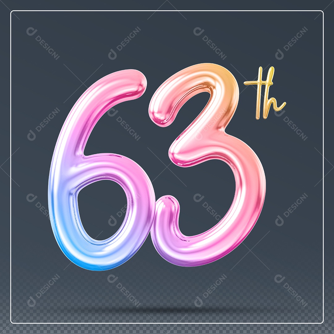 Elemento 3D Número 63 Th Colorido para Composição PSD