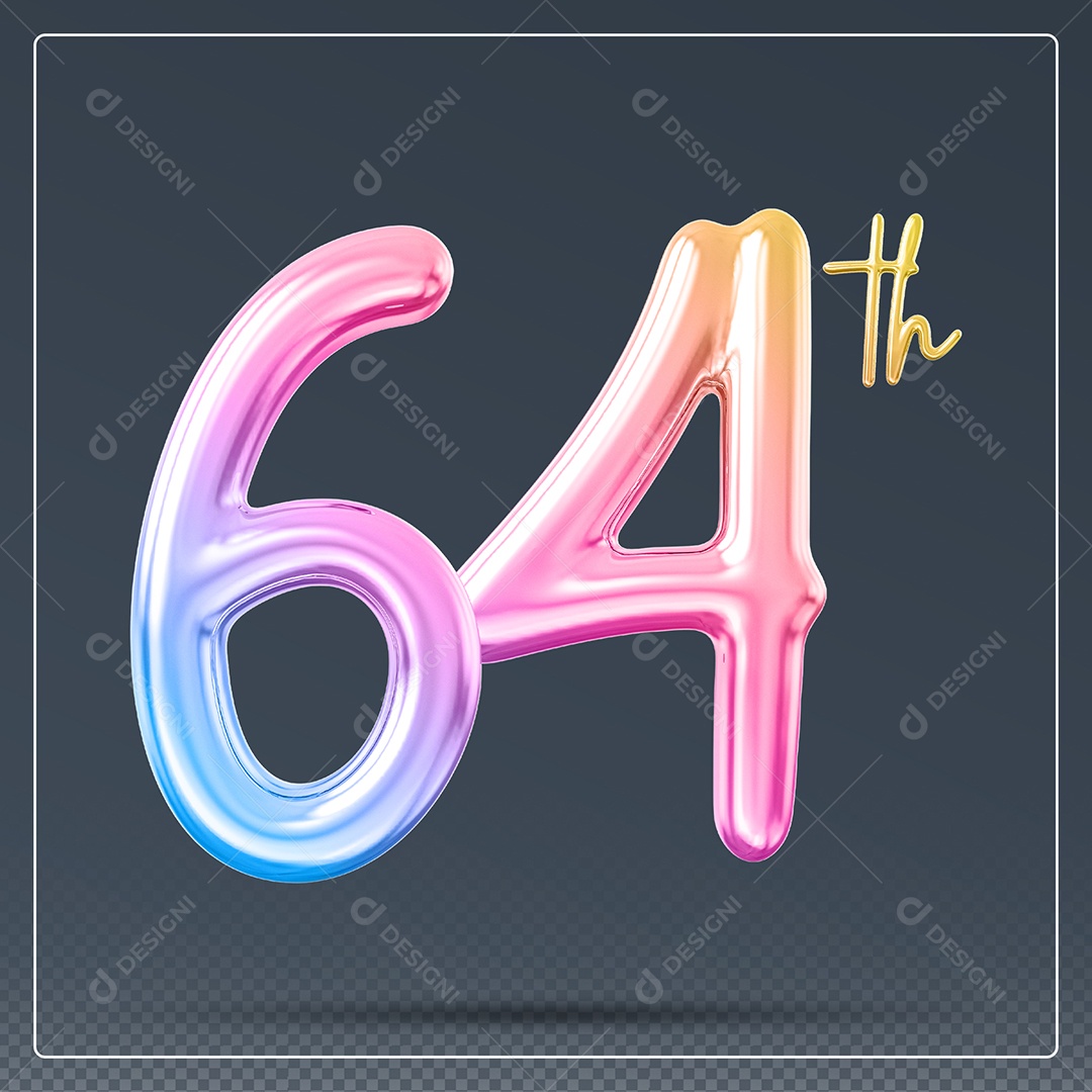 Elemento 3D Número 64 Th Colorido para Composição PSD