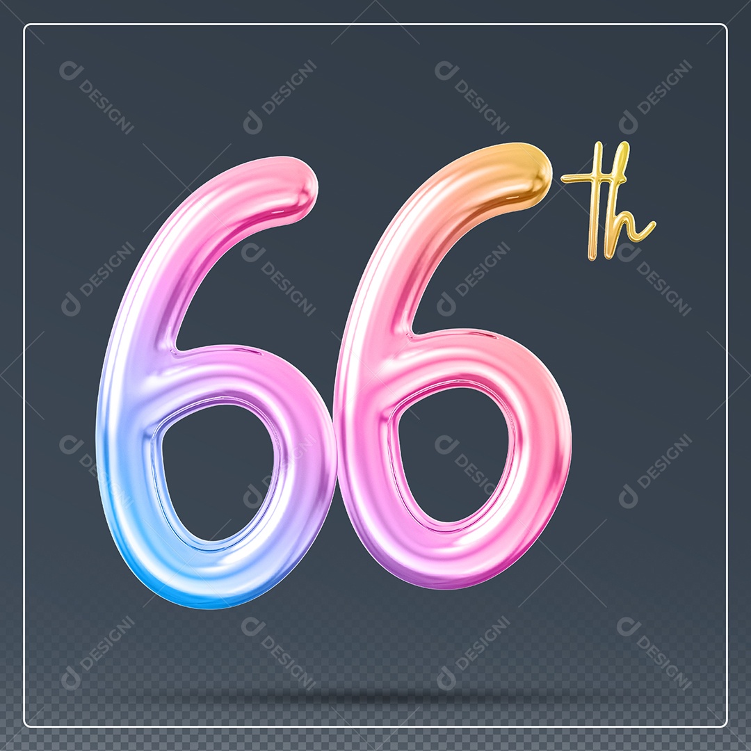Elemento 3D Número 66 Th Colorido para Composição PSD